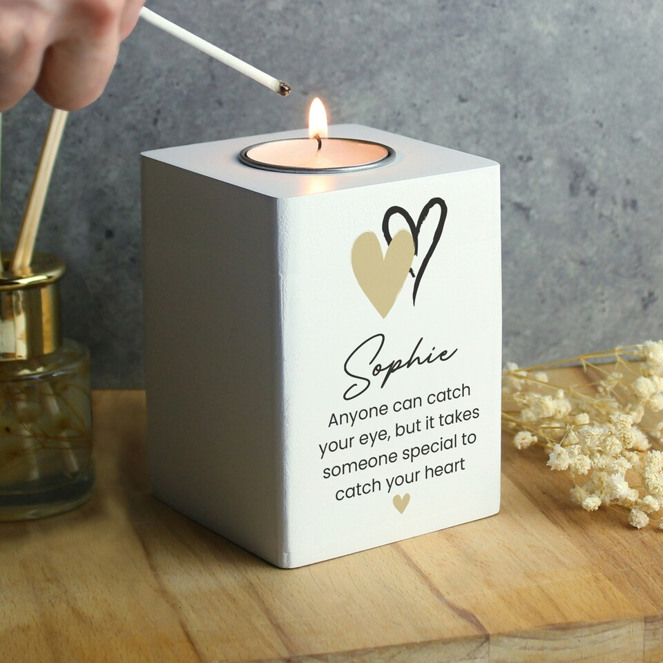 image 1 of Personalised Hearts Wooden Tealight Holder White