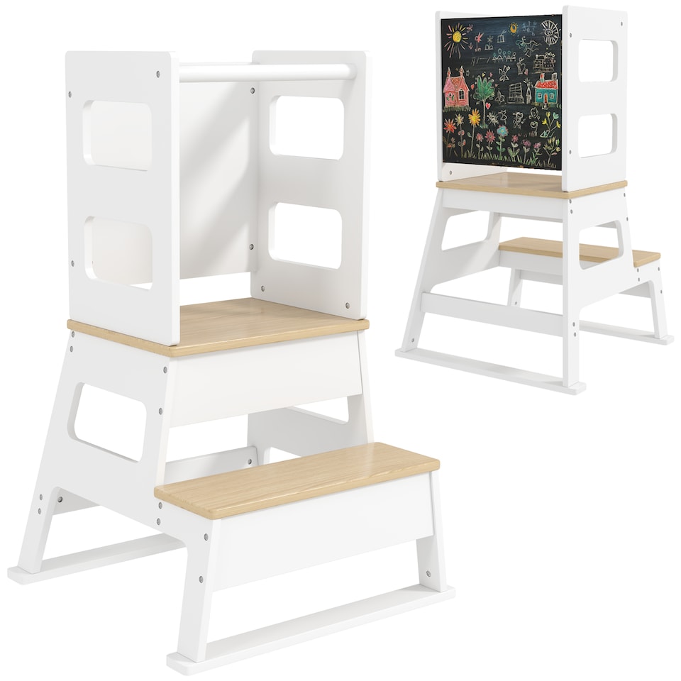 image 1 of AIYAPLAY 2 in 1 Toddler Tower w Chalkboard, Safety Rail, for Kitchen | White