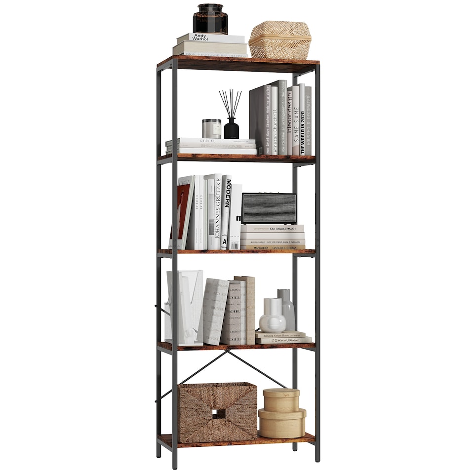 image 1 of HOMCOM 5-Tier Bookshelf, Industrial Bookcase, Floor Standing Book Shelf with Metal Frame, Open Display Shelving Unit for Living Room, Home Office and Bedroom, Rustic Brown and Black