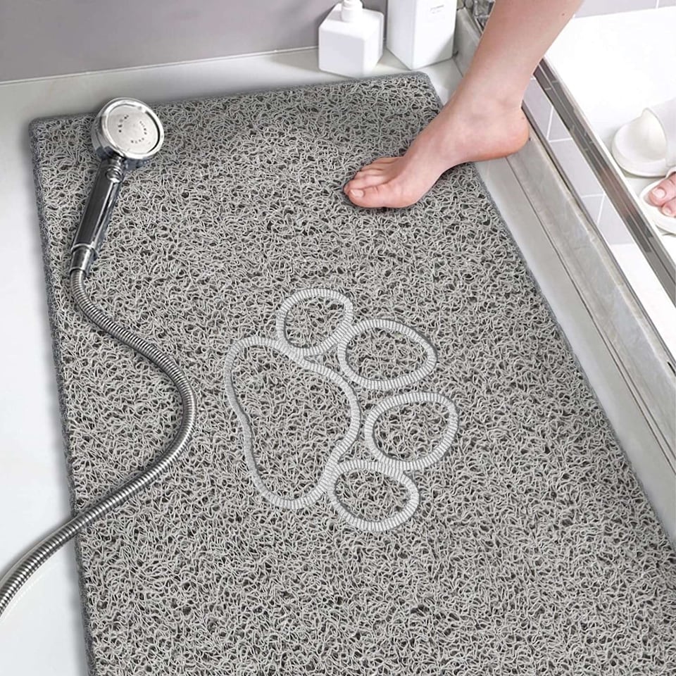 image 1 of Embossed Spaghetti Anti Slip Shower Mat - Paw - 100cm x 40cm | Grey | Grey | Rectangular 100x40cm