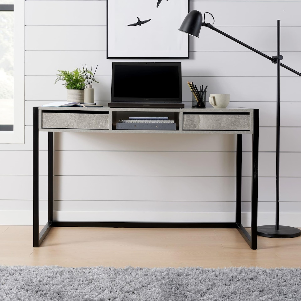 image 1 of Office Desk Concrete Effect Workstation 2 Drawer Shelf Storage Black Metal Legs | Grey