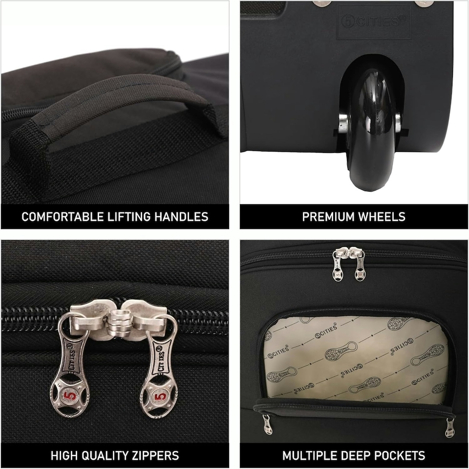 image 1 of 5 Cities 56x45x25 Trolley Bag EasyJet/British Airways/Jet2 Maximum Cabin Approved Carry On Suitcase 60L Capacity with 2 Wheels Lightweight Travel 2 YearWarranty Black | Black | Cabin Bag