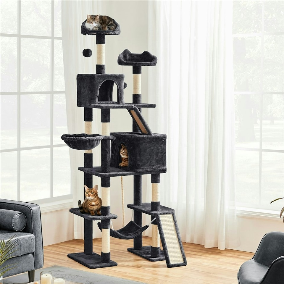 image 1 of Yaheetech 209 cm Large Cat Tower with 2 Cozy Condos Black