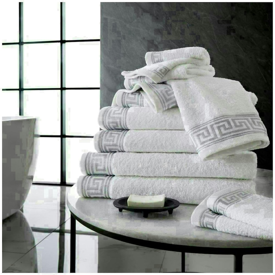 image 1 of VELVETIO 8 Piece Towel Bale Set Jacquard Greek Key Pattern - 100% Cotton, 450 GSM White