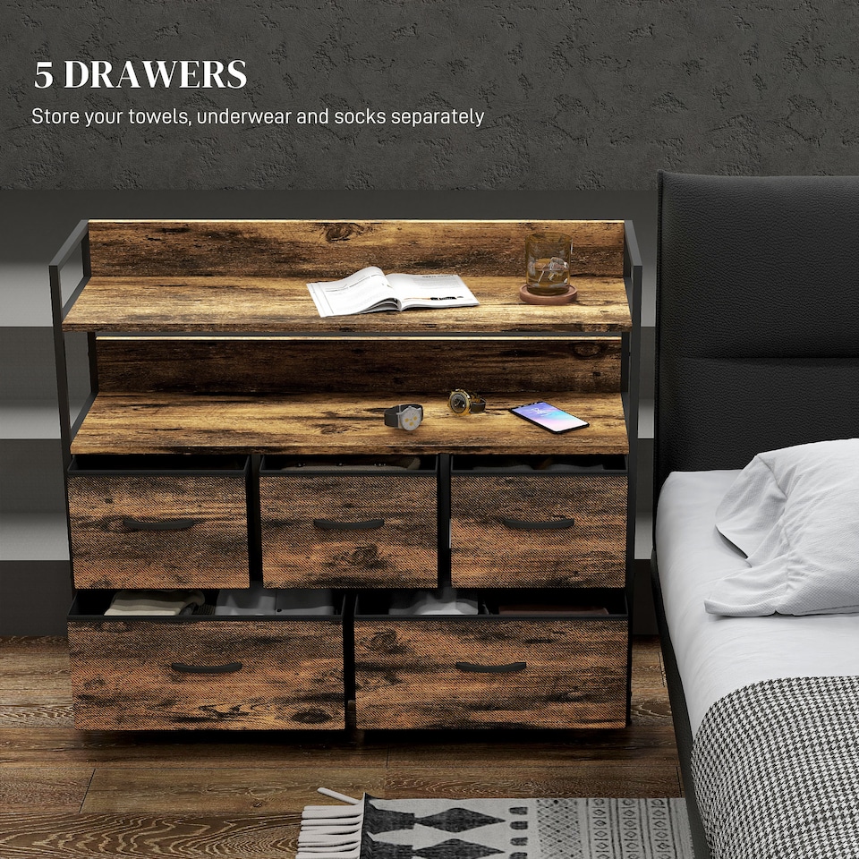 image 1 of HOMCOM Bedroom Chest of Drawers, Fabric Dresser with 5 Drawers, Storage Organiser Unit with Open Shelves and Metal Frame for Living Room, Entryway, Rustic Brown