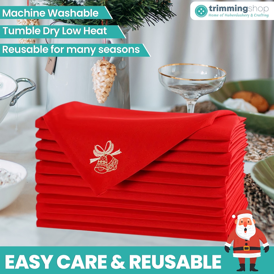 image 1 of 1pc Christmas Table Napkin Set with Festive Jingle Bell Embroidery - 20 Inch