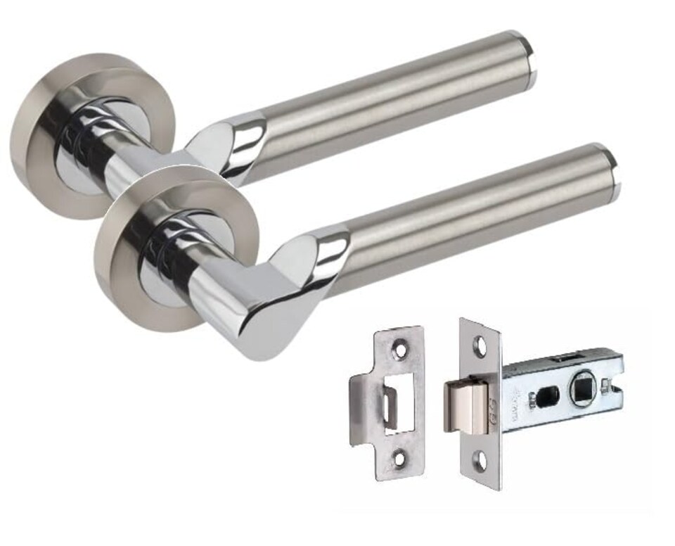 image 1 of Golden Grace 4 Pairs Titan Design Door Handles on Round Rose in Satin Nickel Polished Chrome with 2.5" Tubular Latch - 52mm Diameter | Grey | 4 Pairs