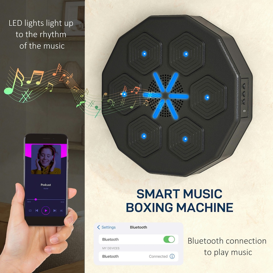 image 1 of SPORTNOW Smart Music Boxing Machine with Bluetooth Connection and LED Light Black