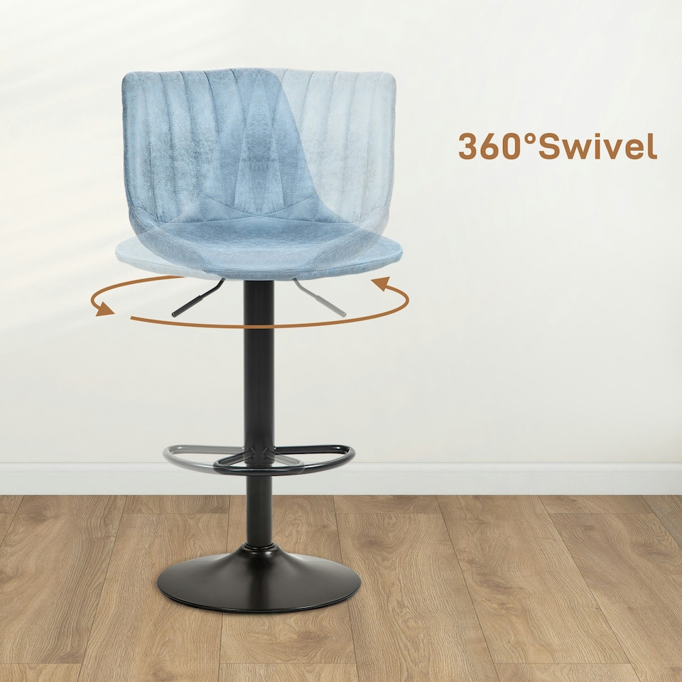 image 1 of HOMCOM Set Of 2 Microfibre Retro Tub Bar Stools Metal Frame Footrest Seat Blue