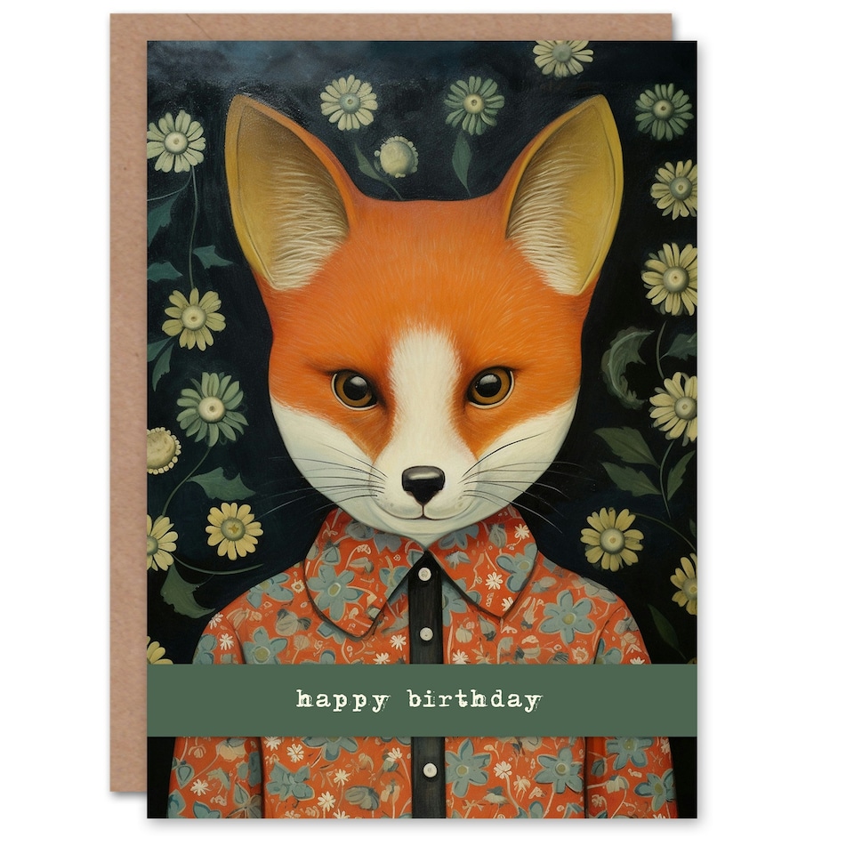 image 1 of Floral Shirt Cute Fox Him Her Birthday Card