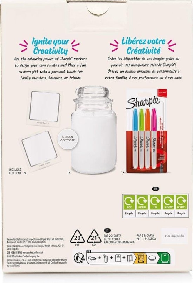 image 1 of Yankee Candle Clean Cotton with Sharpie Create Your Own Candle Label 623g | White