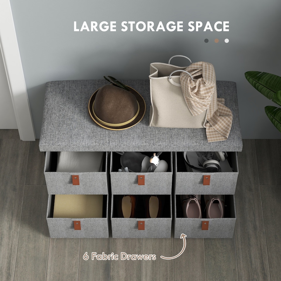 image 1 of HOMCOM Shoe Bench with Seat, Shoe Storage Bench with Cushion and 6 Fabric Drawers for Entryway, Hallway, Living Room, Bedroom, Light Grey | Grey | Light Grey