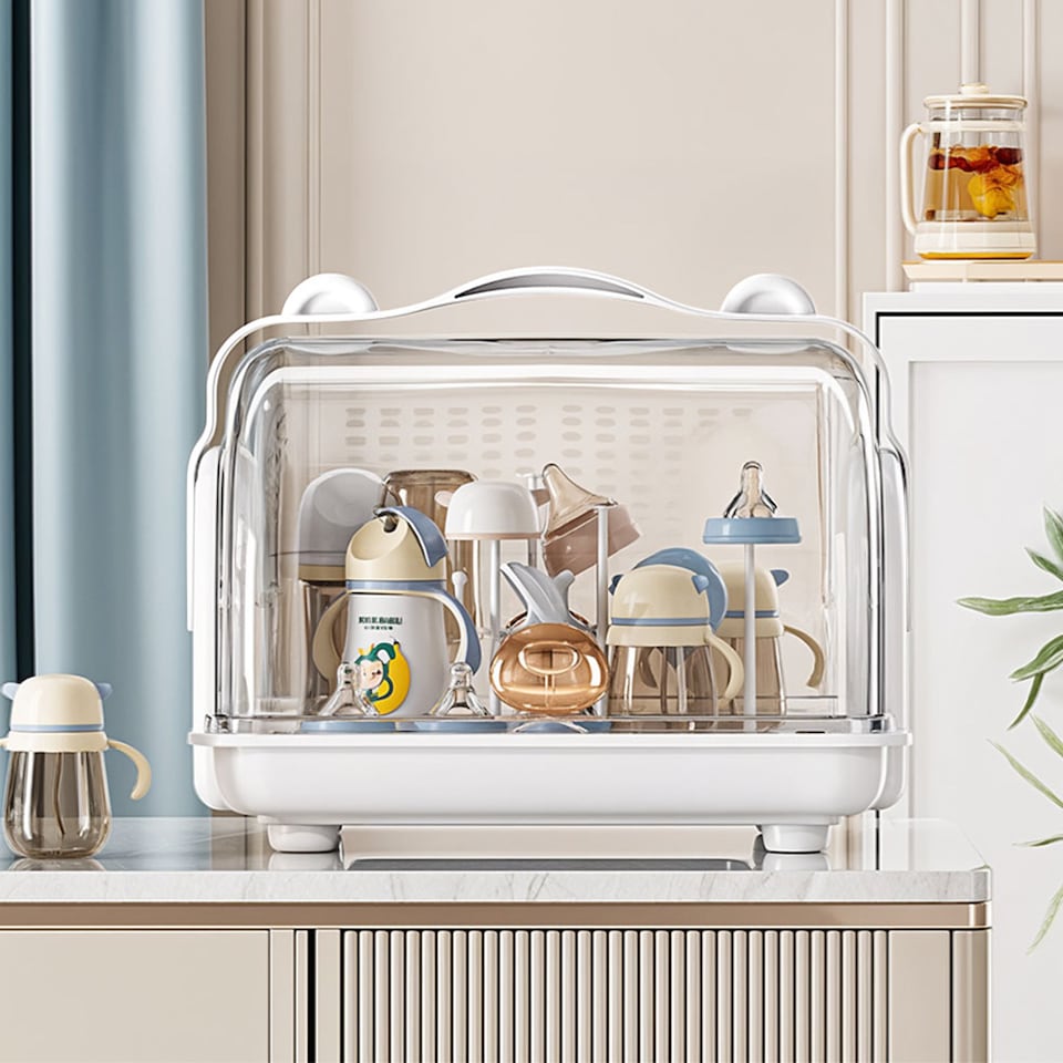 image 1 of Living and Home Baby Bottle Drying Rack Storage Box with Dual Flip-Up Covers | Grey