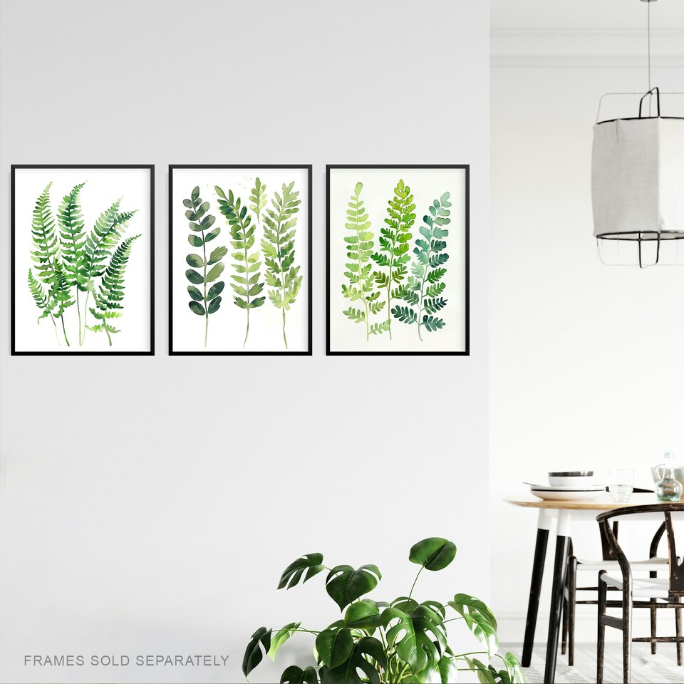 image 1 of Set of 3 Fern Fronds Leaves Botanical Watercolour Living Room A4 Size Wall Art Prints Pack