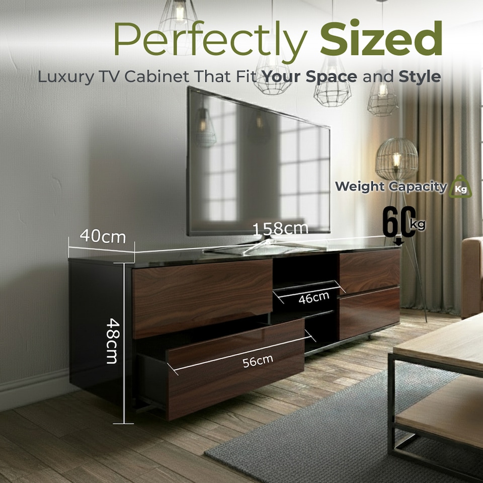 image 1 of Centurion Supports Avitus Gloss Black with 4-Walnut Drawers and 3-Shelf 32"-65" LED/LCD/Plasma TV Stand | Black | 1
