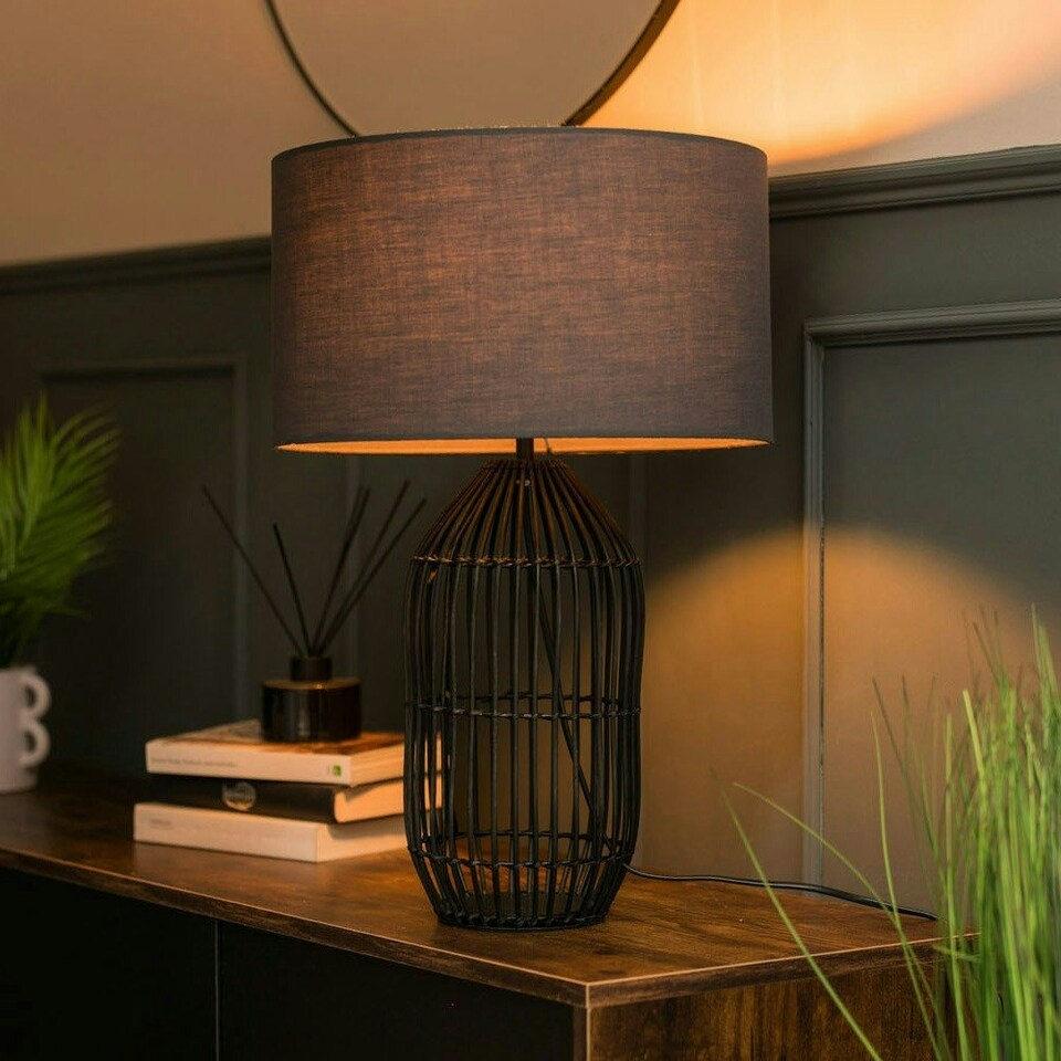 image 1 of ValueLights Matt Black Table Lamp Large Dark Grey Drum Shade