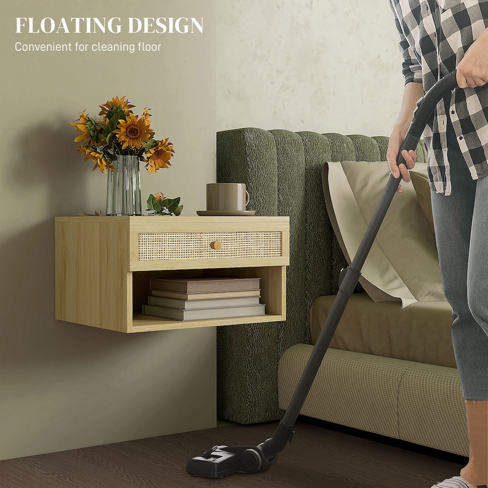 image 1 of HOMCOM Floating Bedside Tables, Nordic Nightstands Set of 2 with Rattan Drawer and Open Shelf for Bedroom, Nature Wood Finish