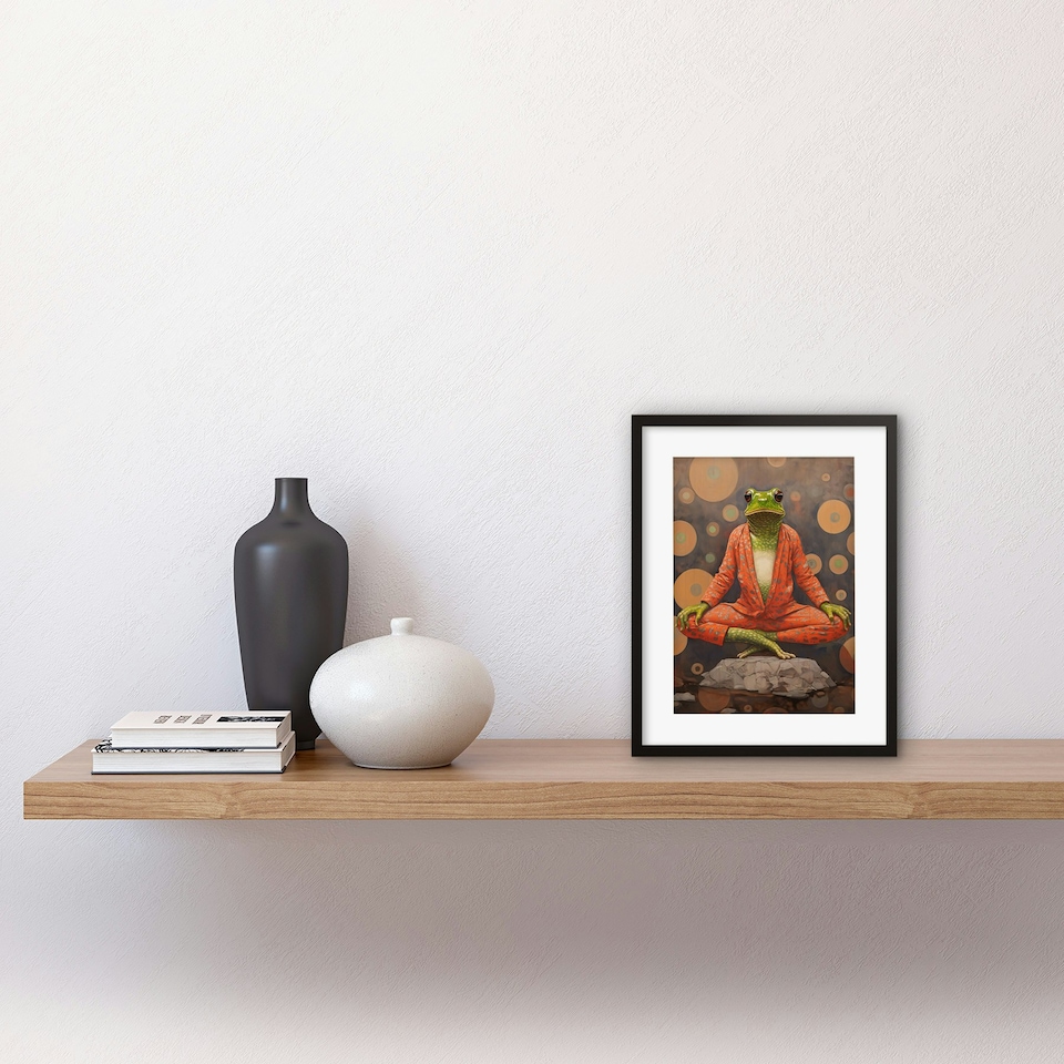 image 1 of Enlightened Frog Meditation Yoga Mindfulness 9x7" Black Framed Wall Art Print