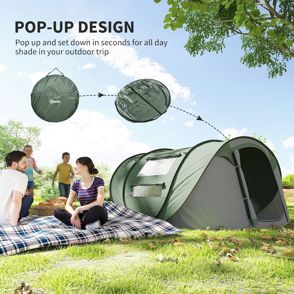 image 1 of Outsunny Camping Tent Dome Pop-up Tent with Windows for 4-5 Person Dark Green