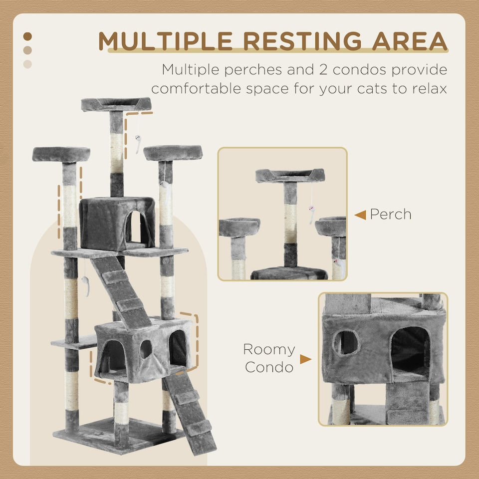image 1 of PawHut 173cm Cat Tower Scratching Post Activity Centre for Indoor Grey