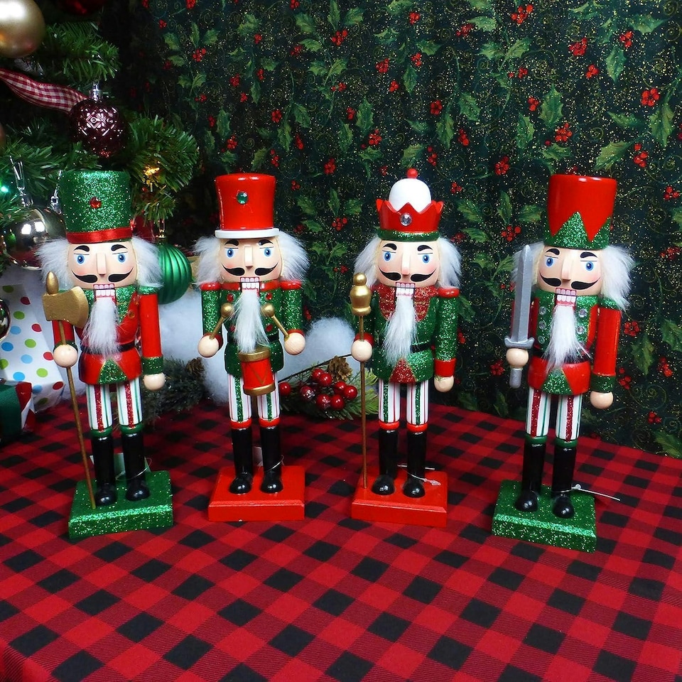 image 1 of 25cm Red & Green Wooden Nutcrackers - 4-Piece Set