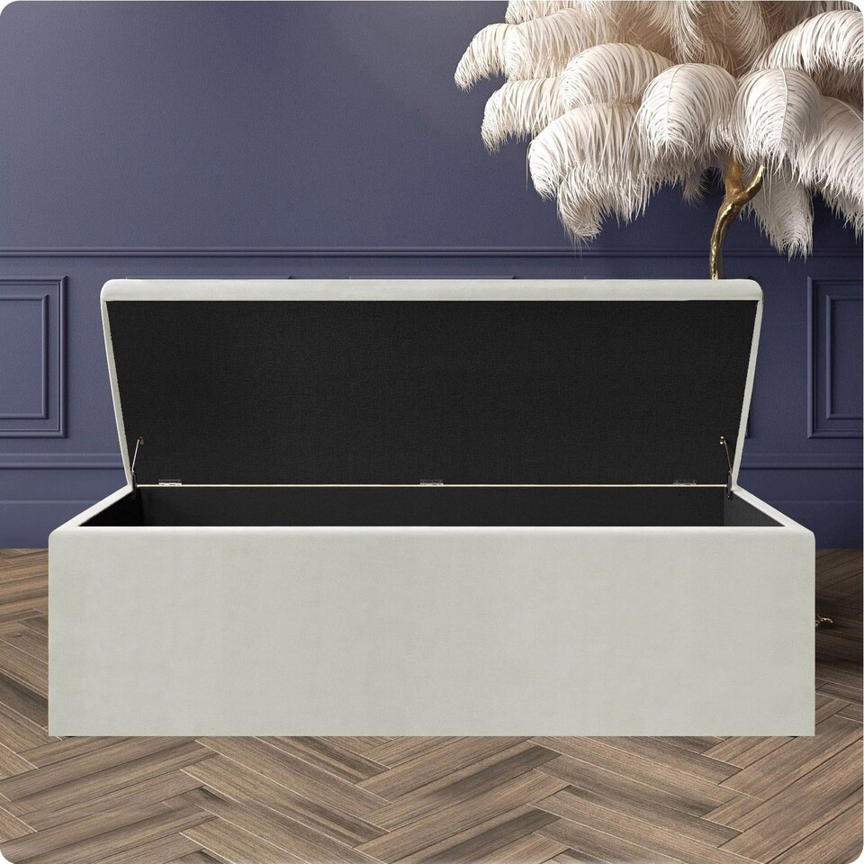 image 1 of 90cm Large Plain Safar Storage Ottoman Box, Cream Plush Velvet Upholstered Deep Storage Ottoman End of Bed Bench