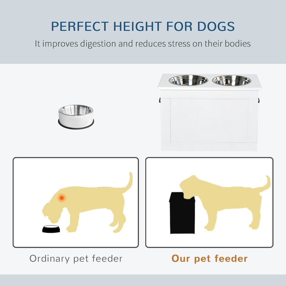 image 1 of PawHut Raised Pet Bowls w/ Storage, Two Stainless Bowls, Elevated Base - White