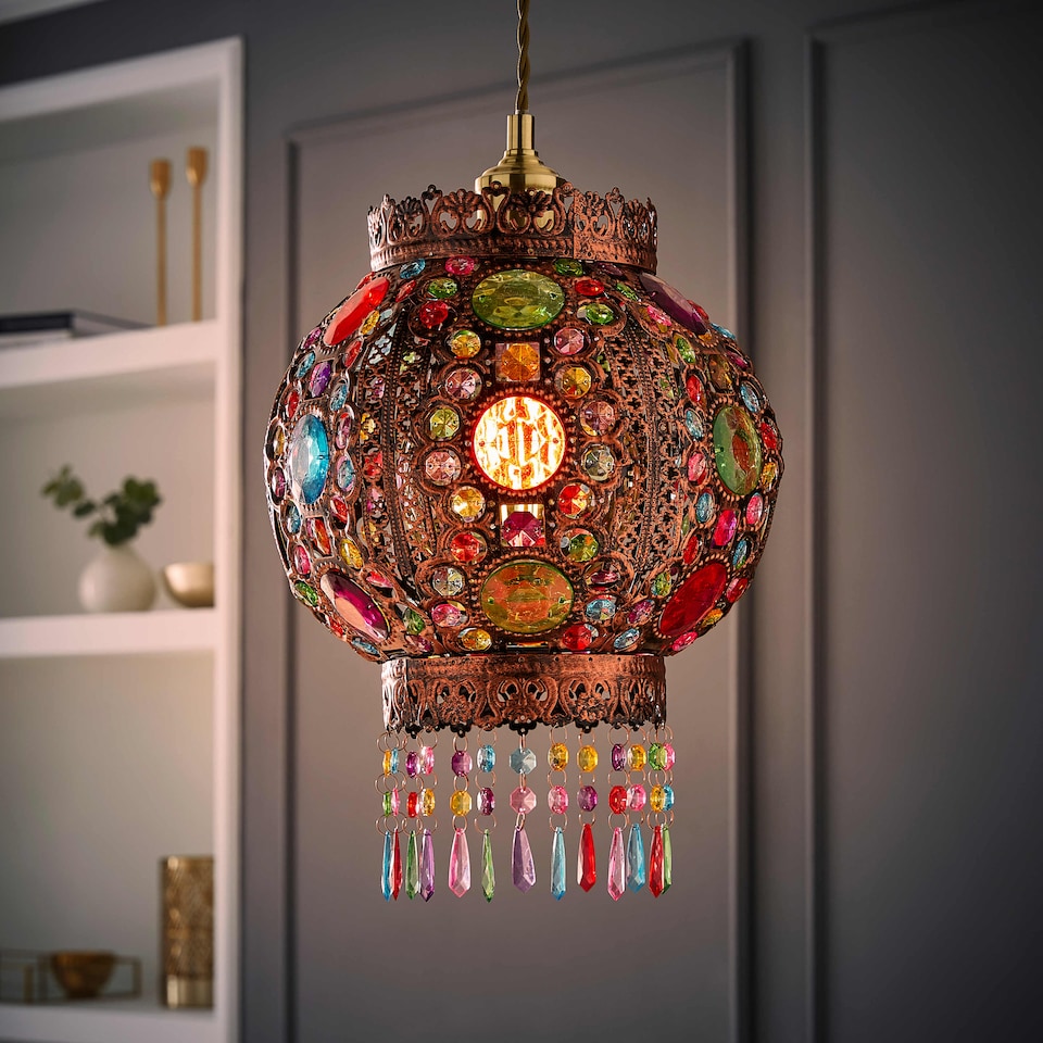 image 1 of ValueLights Bazaar Moroccan Bronze Lamp Shade Acrylic Droplets | Bronze