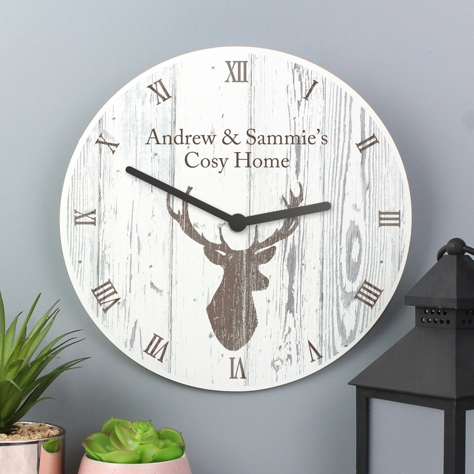 image 1 of Personalised Highland Stag Shabby Chic Wooden Clock | White