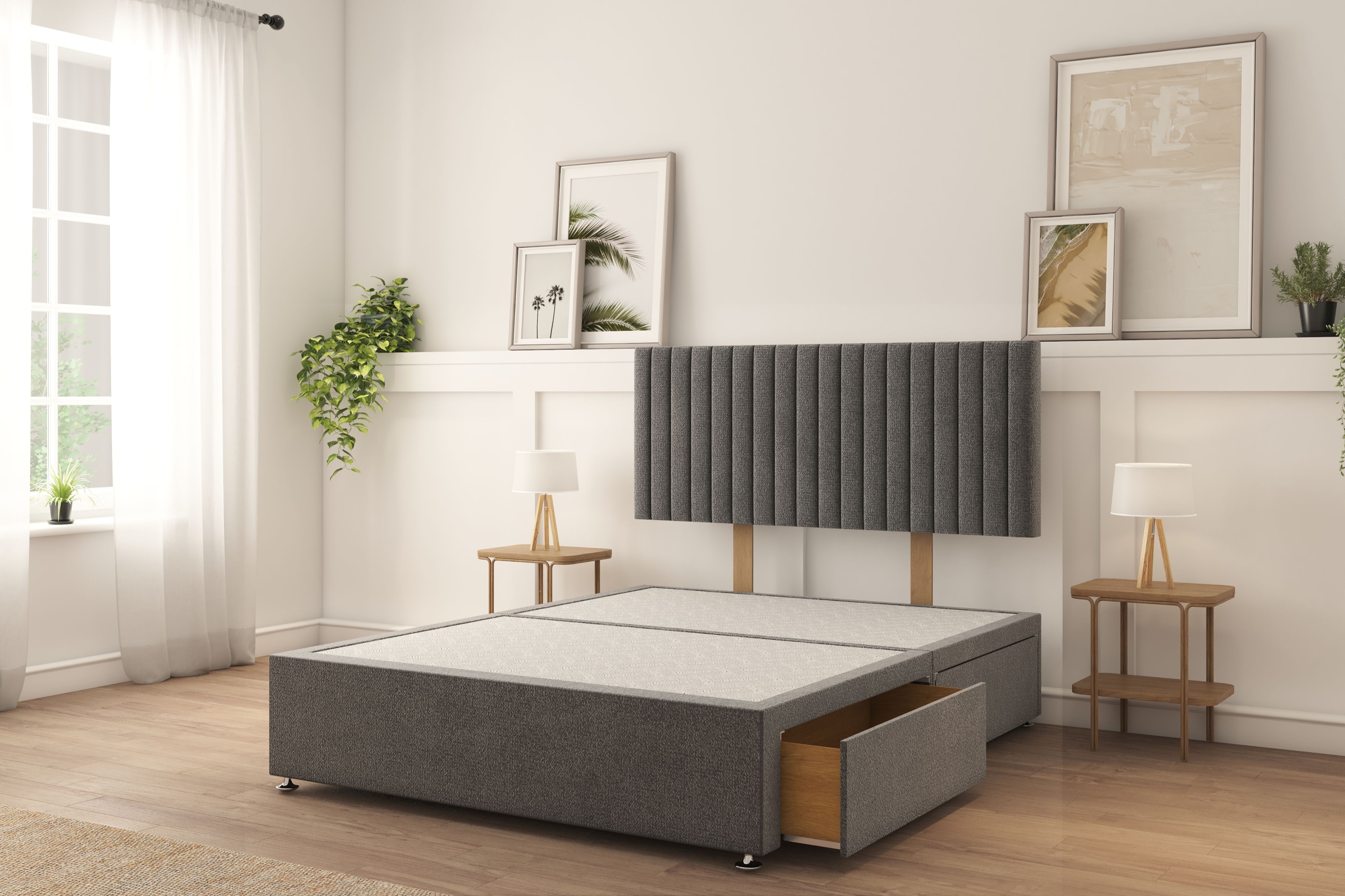 Sloomy Manhattan Graphite Tweed Divan Bed Base 2 Drawers Foot-End With 26" Strutted Headboard 4'6 Double