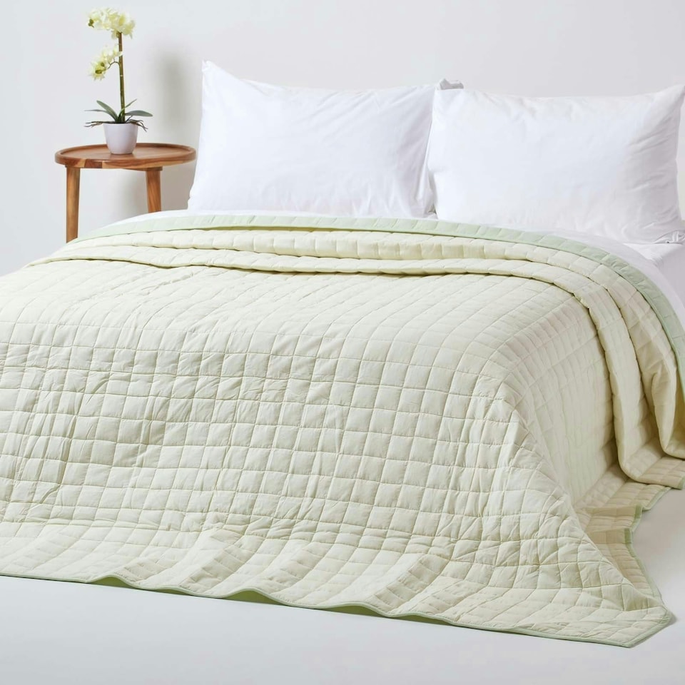 image 1 of Homescapes Cotton Quilted Reversible Bedspread Sage Green and Cream - 230 x 250 cm | Green