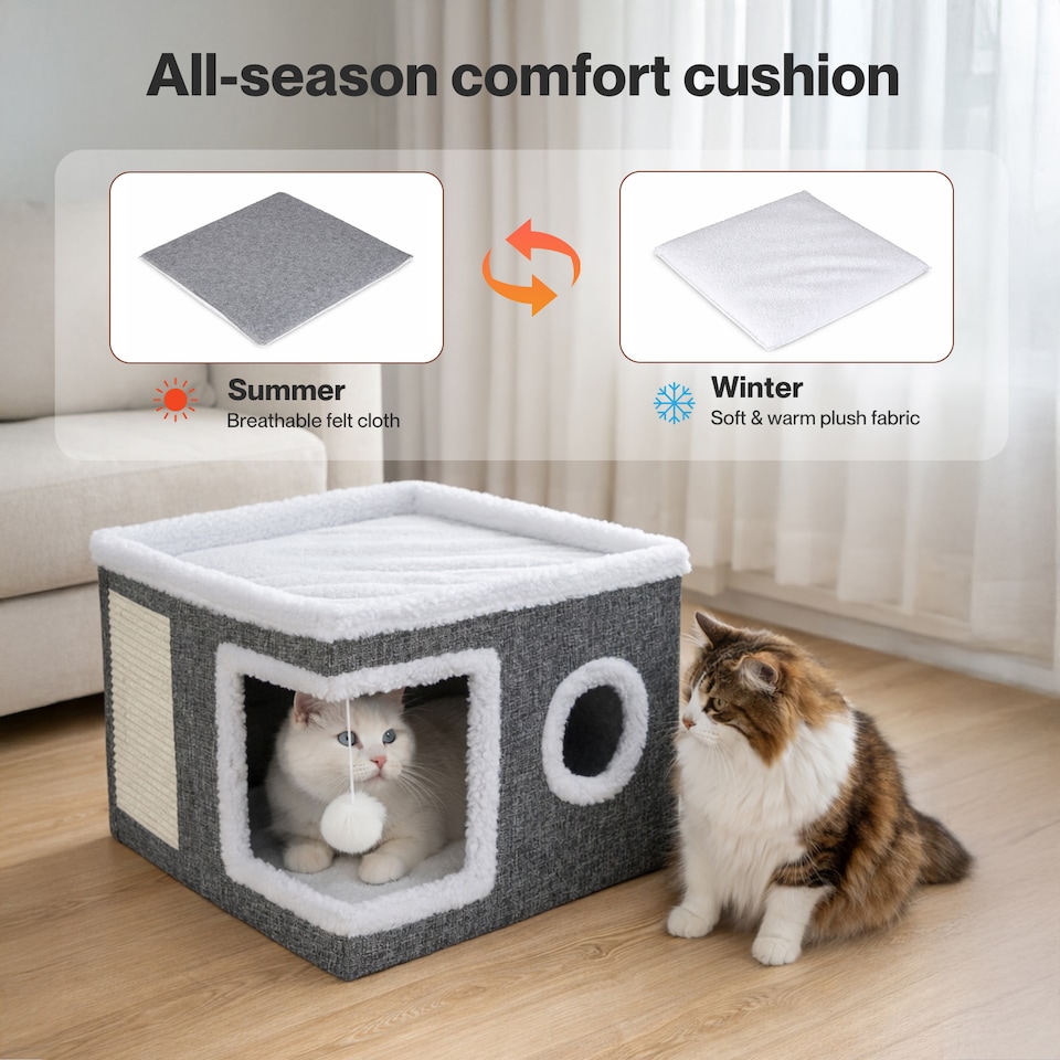image 1 of Skylos Cat House Indoor Cat Cave with Scratch Pad Fluffy Ball Cat Bed Pet House