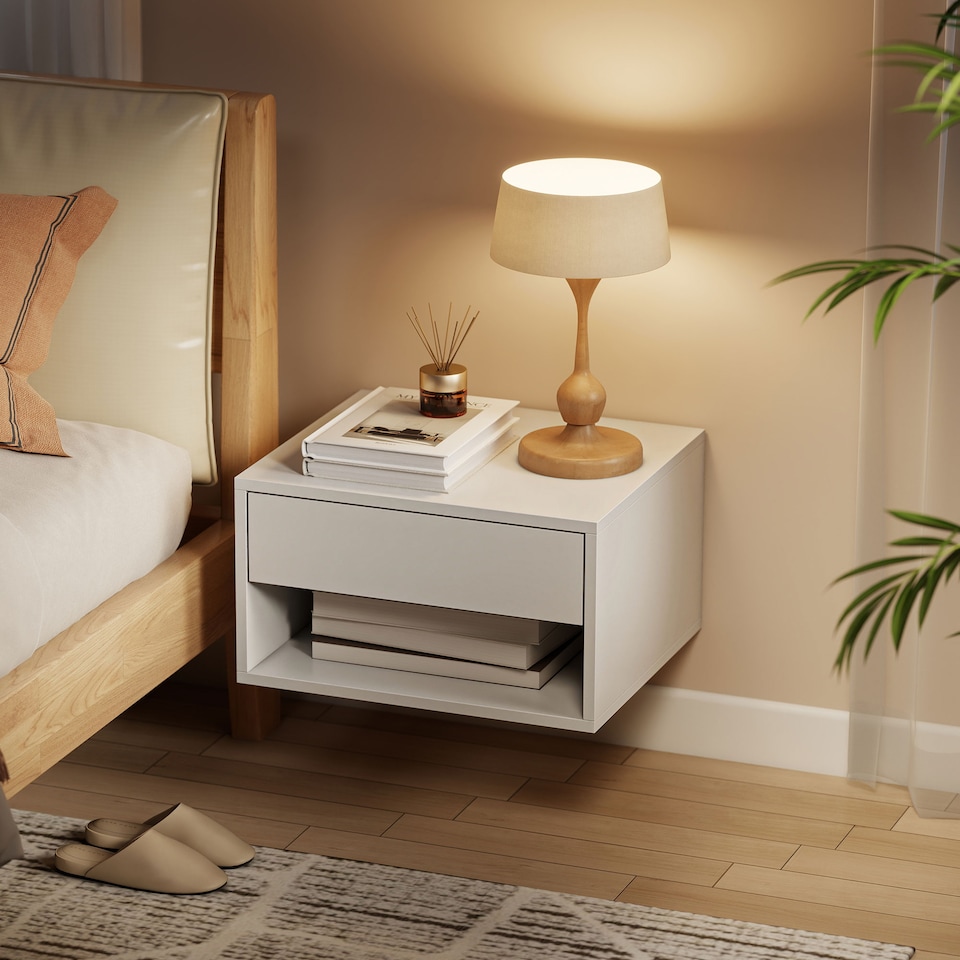 image 1 of HOMCOM Floating Nightstands Set of 2, Bedside Table w/ Drawer and Open Shelf | White