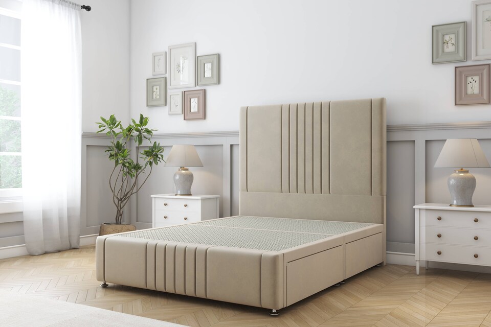 image 1 of Sloomy Harrington Almond Coniston Divan Bed Base 2 Drawers Foot-End With 26 Inch Strutted Headboard & 12 Inch Matching Footboard | Cream | Almond | Double | 1