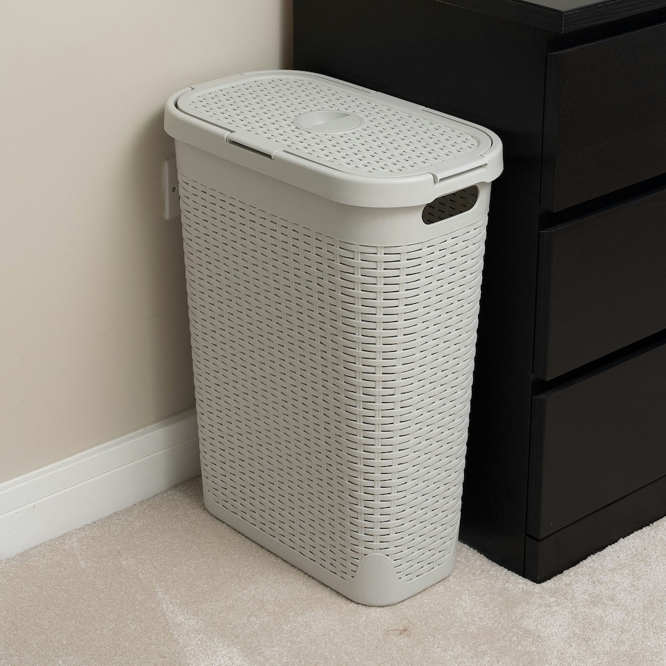 image 1 of Addis Rattan Effect Slim 40L Laundry Hamper - Light Grey