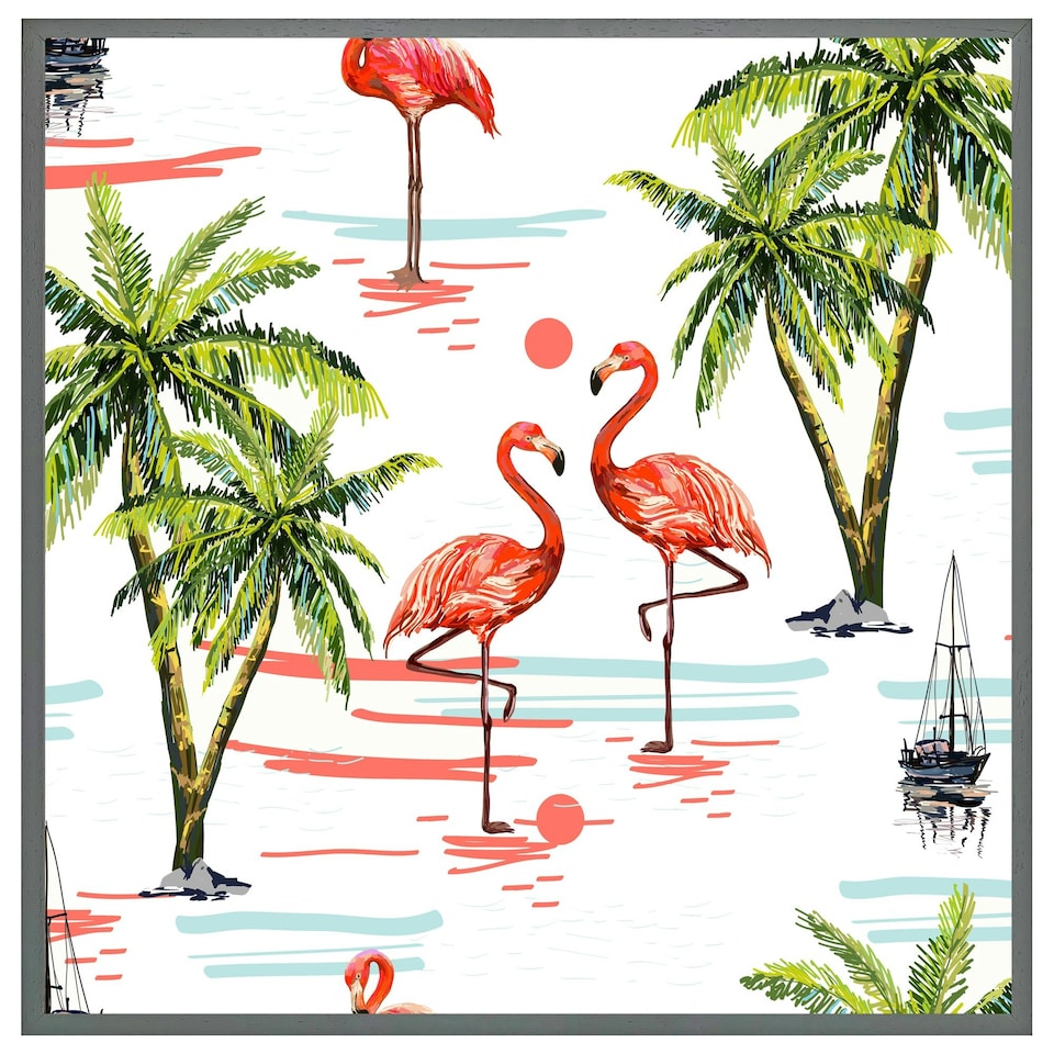 image 1 of Flamingo & palm trees (Picture Frame) Grey | S