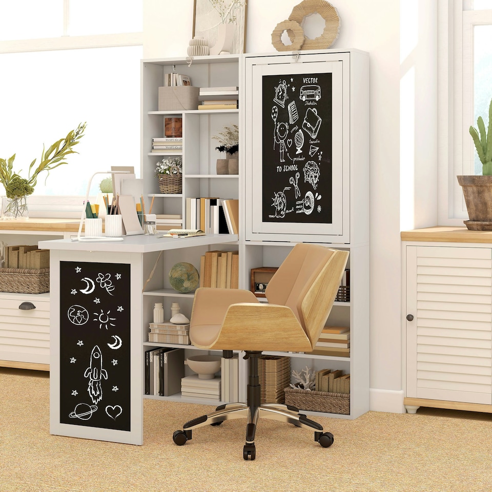 image 1 of HOMCOM Folding Convertible Desk with Blackboard and Bookshelf, White