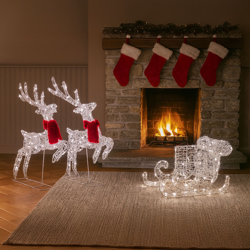 image 1 of Neo 240 LED Christmas Sleigh Reindeer Outdoor Decoration Warm Bright White Mixed Light Effects Timer 65cm Reindeers Weatherproof Frame 6 Ground Hooks Included