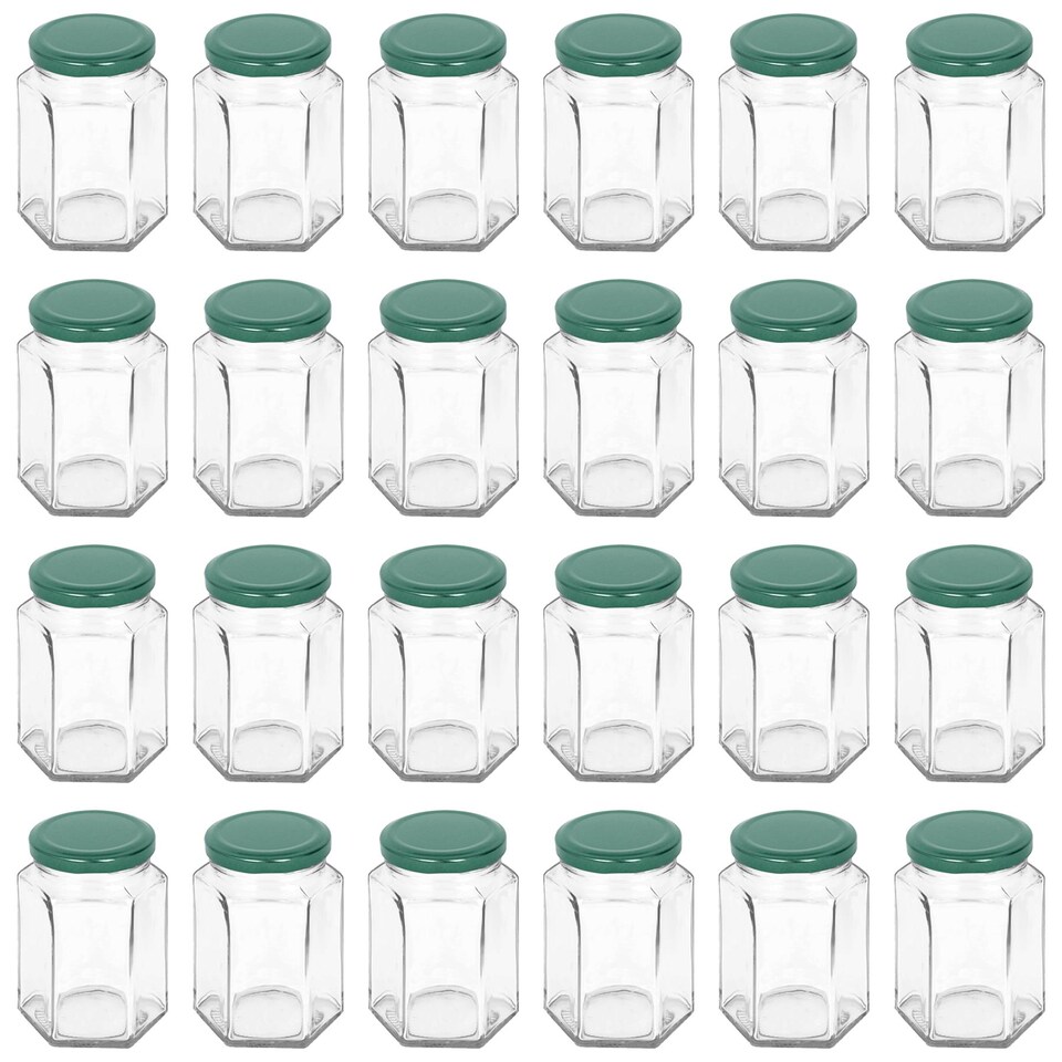 image 1 of Argon Tableware Hexagonal Glass Jam Jars with Green Lids - 250ml - Pack of 24