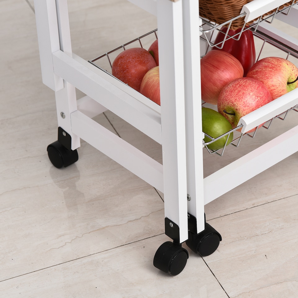 image 1 of HOMCOM Drop-Leaf Kitchen Cart Trolley w 3 Baskets Drawer Surface Top 6 Universal Wheels Rolling Storage Unit Kitchen Home Dining Island White Oak Tone