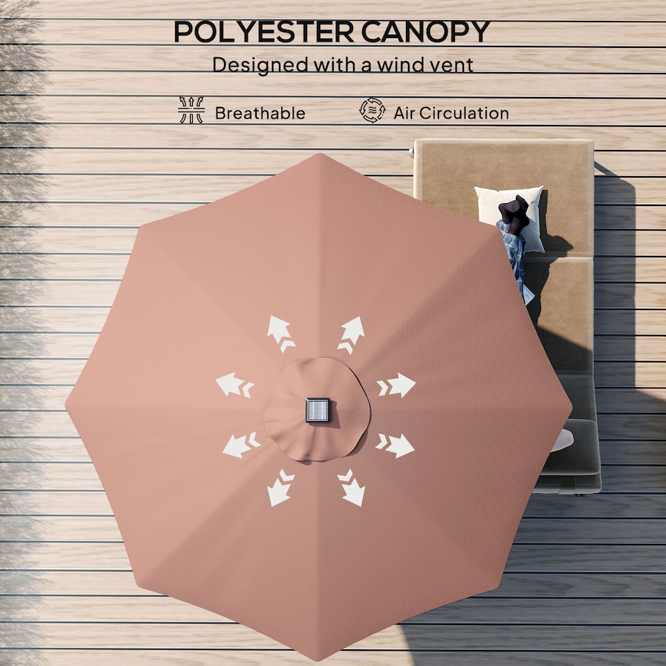 image 1 of Outsunny 2.7m Garden 24 LED Light Parasol Solar Outdoor Tilt Sun Umbrella Patio Club Party Event Manual Sun Shade w Hand Crank and 8 Ribs, Brown