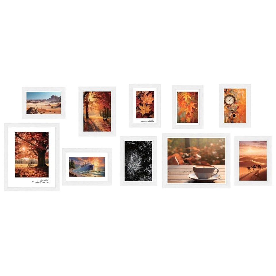 image 1 of 10 Pc Modern Photo Frame Set Wall Mountable and Freestanding Gallery | White | White | Not provided