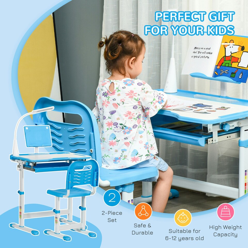 image 1 of HOMCOM Kids Study Desk and Chair Set w/ USB Lamp, Adjustable Height, Pink