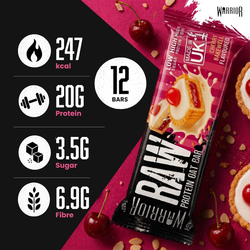 image 1 of Warrior RAW Protein Bars 12 x 75g – 20g High Protein Bar, Low Sugar High Fibre Oat Protein Flapjack – Protein Snacks, Meal Replacement Bars (Cherry Bakewell)