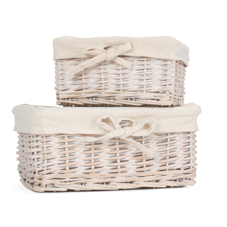 image 1 of Set of 2 White Wash Finish Cotton Lined Willow Tray | White | White | Not provided