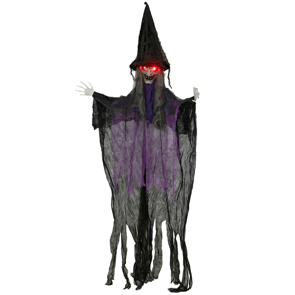 image 1 of Outsunny Voice Activated Halloween Animatronics Hanging Witch, Purple