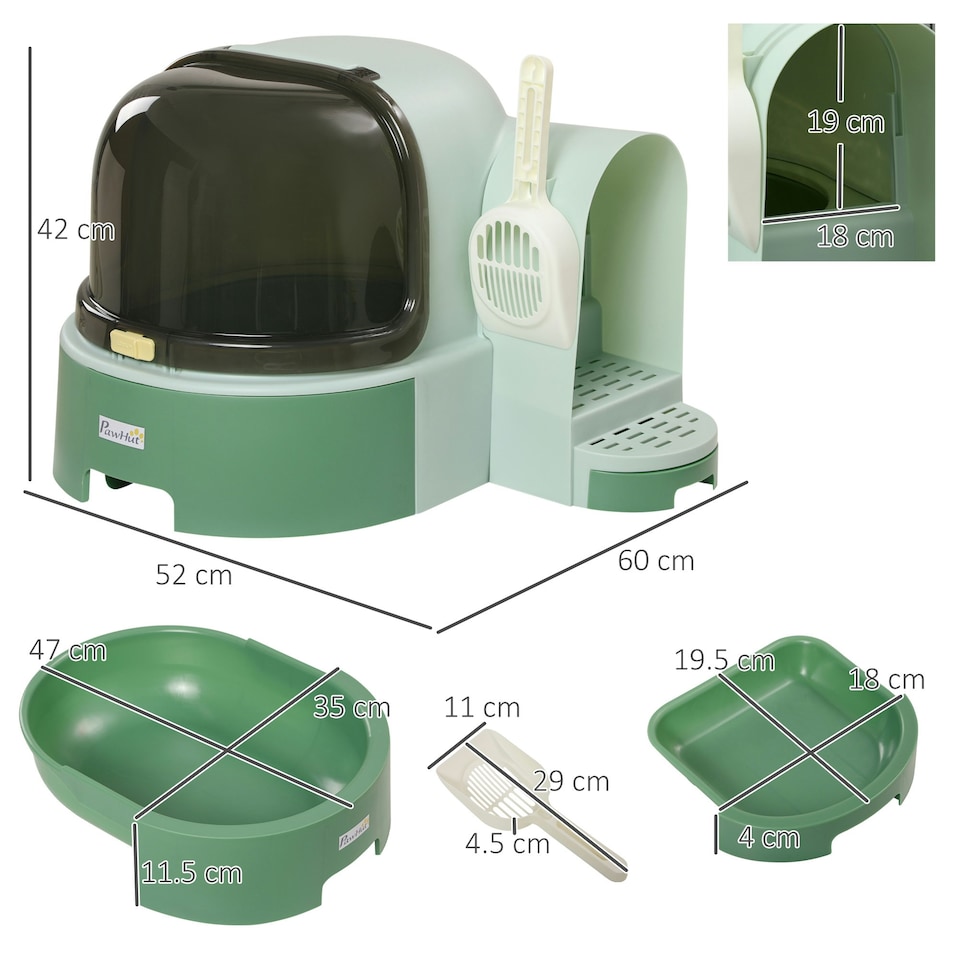 image 1 of PawHut 2 In 1 Cat Litter Tray w/ Drawer Pans, Scoop, Openable Cover - Green