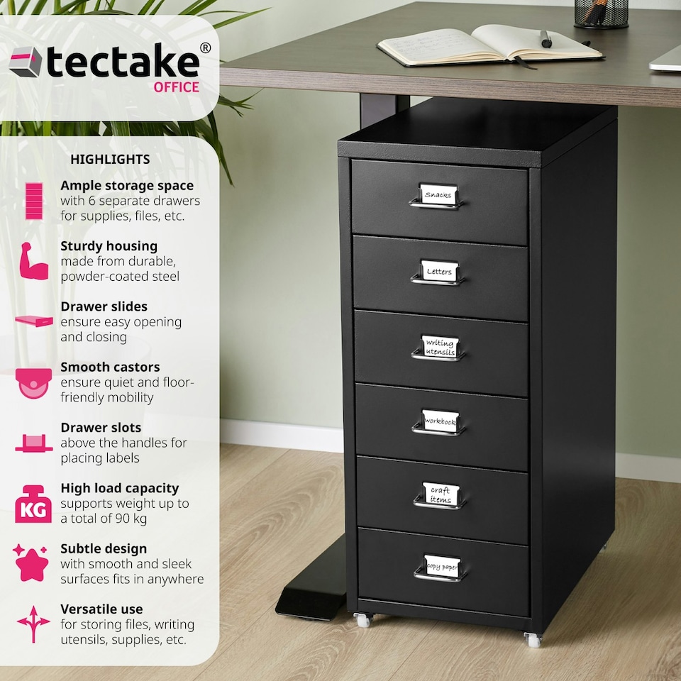 image 1 of Filing Cabinet - made of steel, 4 wheels, 6 drawers, label holders, easy assembly Black