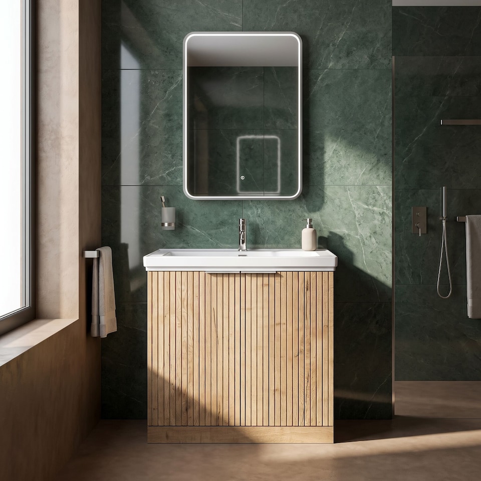 image 1 of Balterley Callingwood Contemporary Floor Standing 2 Door Vanity Unit with Traditional 1 Tap Hole Fireclay Basin , 800mm, Autumn Oak