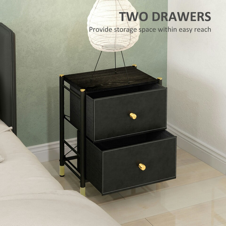 image 1 of HOMCOM PU Leather Bedside Table with 2 Drawers and Steel Legs, Black